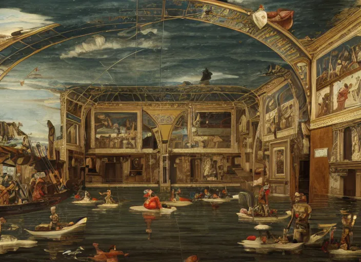 Image similar to a renaissance castle room flooded with water, a robot is sitting in a boat, the robot has a fishing rod,