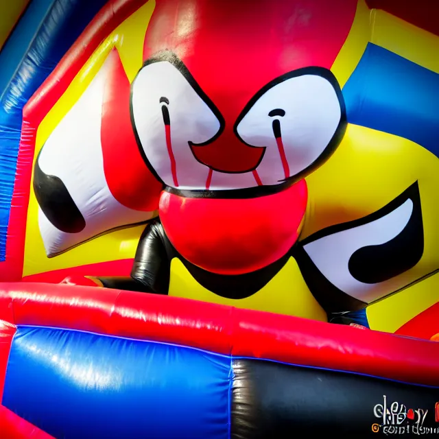 Prompt: scary bouncy castle clown, highly detailed, 8 k, hdr, smooth, sharp focus, high resolution, award - winning photo