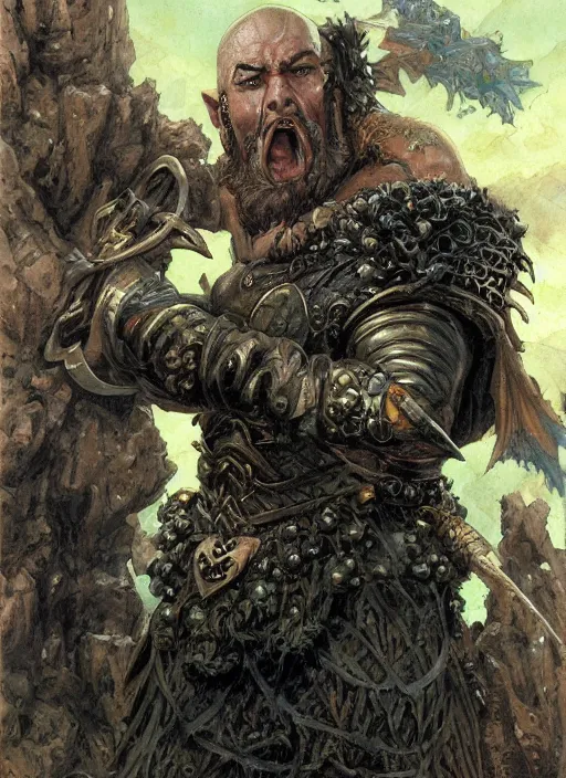 Prompt: a fantasy comic book style portrait painting of a bald half - orc male warrior, art by donato giancola and bayard wu and gustav moreau and wayne barlowe