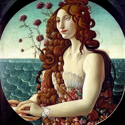 Image similar to an hyperrealistic mythological oil painting of venus with long curly brown hair, full body, wearing floral dress, sleeping in a giant scallop shell, near the seashore, intricate, elegant, renaissance style, by sandro botticelli -