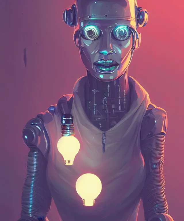 Prompt: a portrait of a cyberpunk robot holding a light bulb, fantasy, elegant, digital painting, artstation, concept art, matte, sharp focus, illustration, art by josan gonzalez