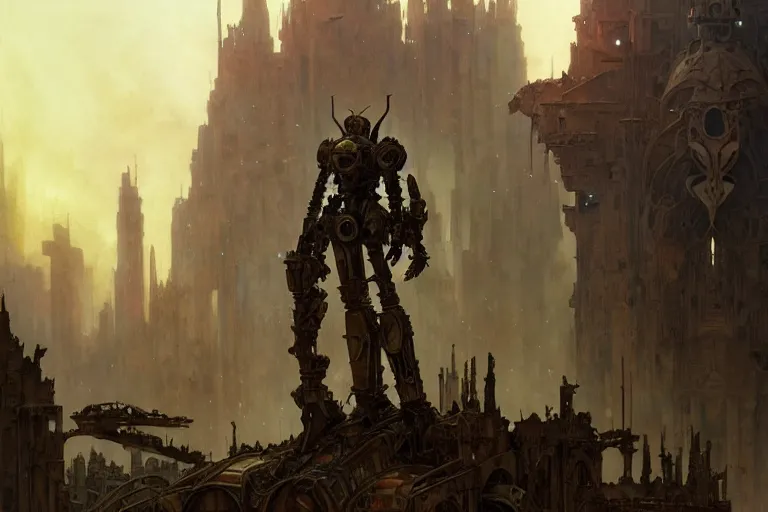 Prompt: a mech standing in a ruined city, fantasy, intricate, elegant, dramatic lighting, highly detailed, lifelike, photorealistic, digital painting, artstation, concept art, smooth, sharp focus, illustration, art by John Collier and Albert Aublet and Krenz Cushart and Artem Demura and Alphonse Mucha