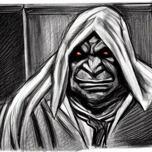 Image similar to courtroom sketch of an orc on trial