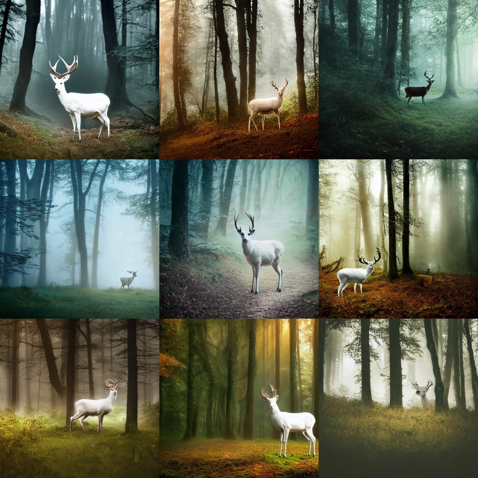 Prompt: a beautiful illustration of a white deer in a forest, fantasy, morning light, mist, dreamy atmosphere, cinematic shot, high definition, detailed