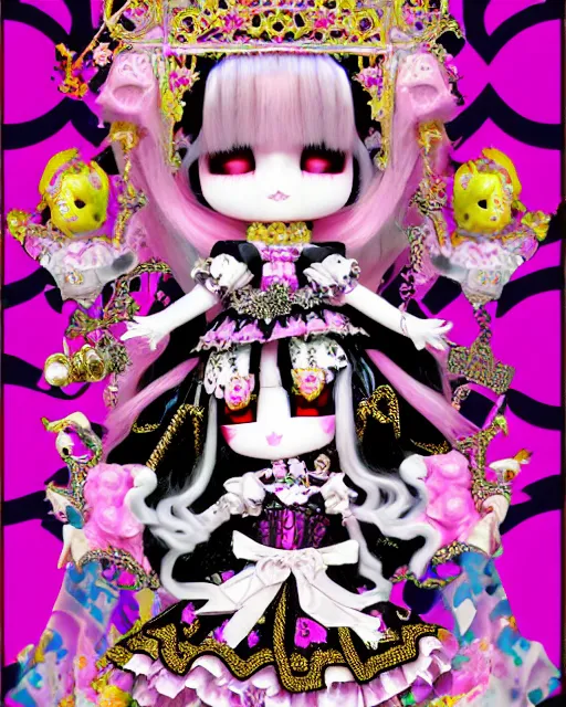 Image similar to baroque bedazzled gothic royalty frames surrounding a pixelsort emo demonic horrorcore japanese beautiful jester decora moe doll, low quality sharpened graphics, remastered chromatic aberration, detailed maximalist sanrio art