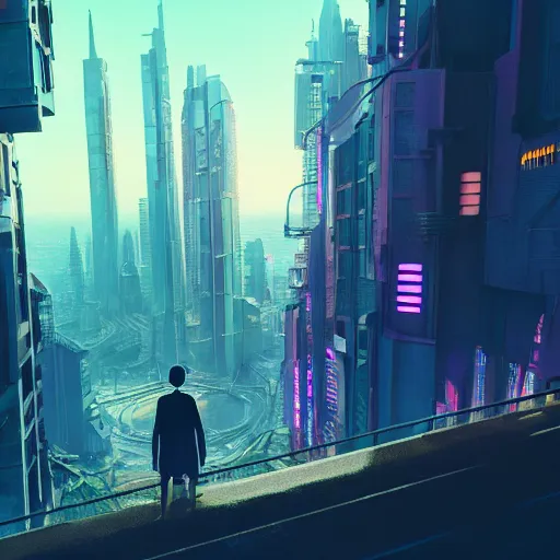 Image similar to person facing the desperate call of the void, futuristic cityscape, unreal 5 render, vivid colors, high detail, clear weather, studio ghibli, history painting, digital art, octane render, beautiful composition, trending on artstation, award - winning photograph, masterpiece