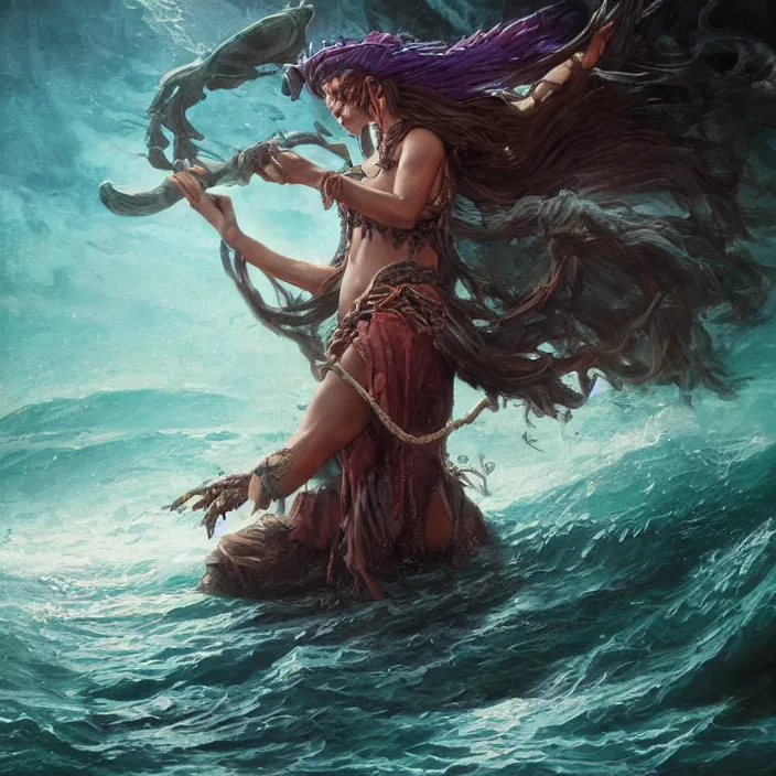 Image similar to sea witch pirate casting a spell in the water, d & d style, trending on artstation, intricate, highly detailed, vivid painting, colorful, art by greg rutkowski