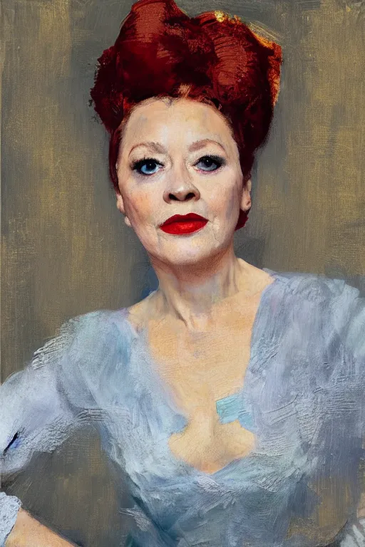 Prompt: painterly portrait, amanda blake as miss kitty by Solomon Joseph Solomon and Richard Schmid and Jeremy Lipking and chuck close