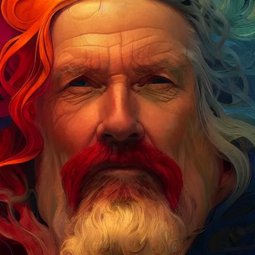 Prompt: The face of a wise but stern old man made out of swirling stormclouds in a stormy sky. Colorful, reds, yellows, blues. Beautiful, dreamy digital art by Artgerm and Greg Rutkowski and Alphonse Mucha