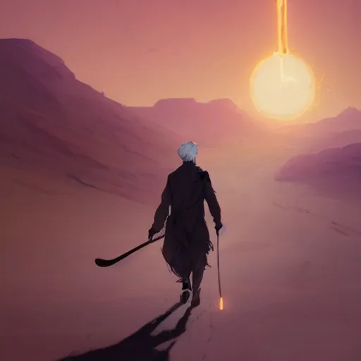 Image similar to commission of a young man with gray hair,a stylish beard,walking through a desert with a glowing stick,digital art,art by greg rutkowski,trevor henderson,rossdraws,character design,concept art,western comic style,sharp lines,photorealiatic,hyperdetailed,detailed face,high quality,professional lighting,dramatic