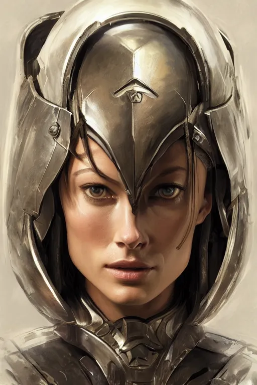 Image similar to a professional painting of a young Olivia Wilde, clothes in military armor, olive skin, long dark hair, beautiful bone structure, symmetrical facial features, intricate, elegant, digital painting, concept art, smooth, sharp focus, illustration, from StarCraft by Ruan Jia and Mandy Jurgens and Artgerm and William-Adolphe Bouguerea