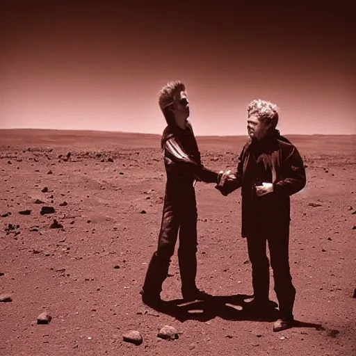 Prompt: wetplate photography, david bowie meeting a starman on mars