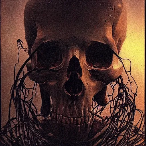 Image similar to horrific cyborg, horror movie lighting, exposed skull and wires, beksinski art style,