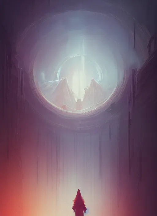 Image similar to character concept, a figure hovering above the ground inside a temple, foggy, atmospheric, fantasy art, sci - fi, alena aenami, digital art