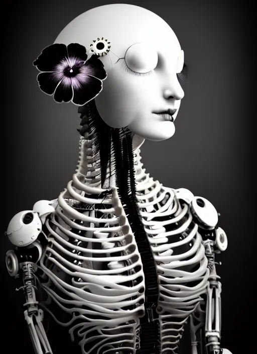 Image similar to black and white dreamy foggy profile face portrait, one steampunk eye biomechanical beautiful young female cyborg - robot, body ribs meshes, big monocular, volumetric light, hibiscus flowers, by hg giger, rim light, by dora maar and cecile beaton, big gothic fashion pearl embroidered collar, 8 k