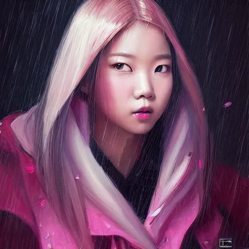 Image similar to “ a portrait of lee chae dam from blackpink, rainy background, pink bright art masterpiece artstation. 8 k, sharp high quality artwork in style of jose daniel cabrera pena and greg rutkowski, concept art by tooth wu, hearthstone card game artwork. ”
