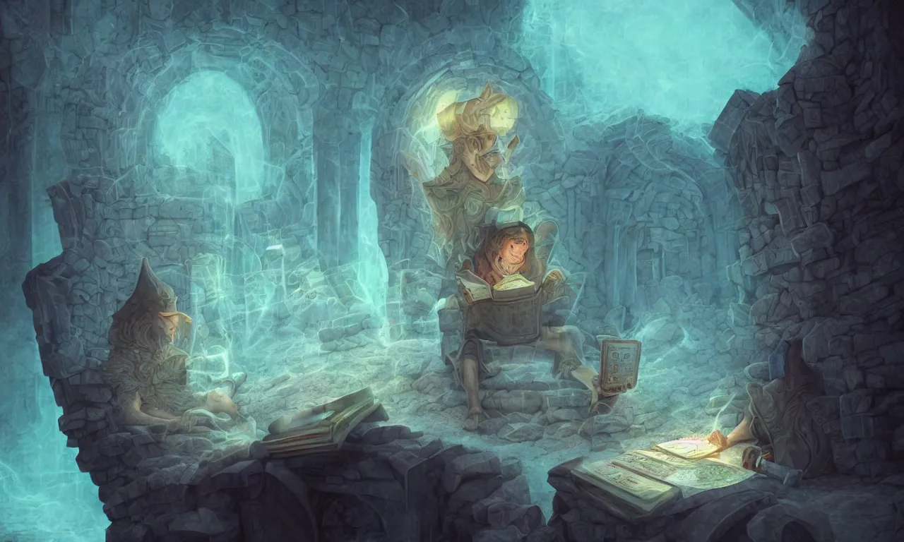 Image similar to kerberos realm, faked ticket close up, wizard reading a directory, nordic pastel colors, abandoned ruins, 3 d art, digital illustration, perfect lighting