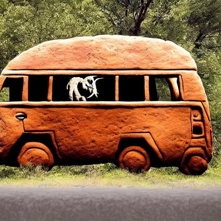 Image similar to picture of ancient vw bus, mammoths and hunters, ancient prehistoric rock art in a cave style, red ocher paint