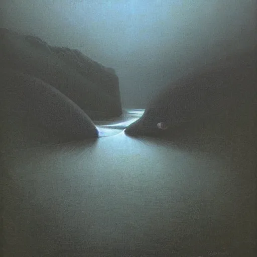 Image similar to salmon jumping out of a river by zdzisław beksinski