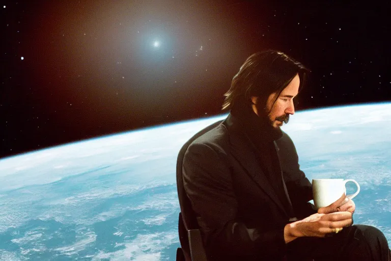 Image similar to Keanu Reeves sitting on a chair and drinking tea and watching the earth on the moon, 4k