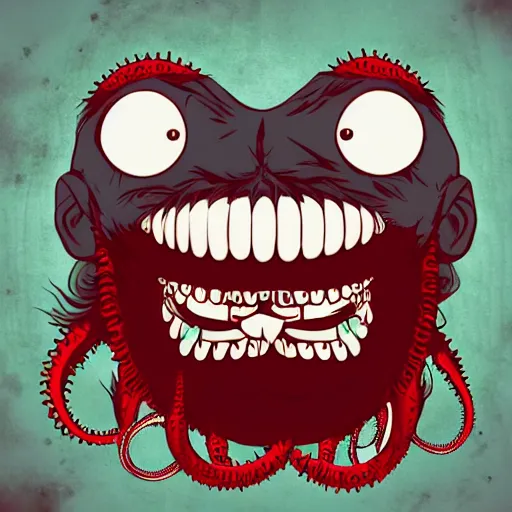 Image similar to bearded man with living teeth and tentacles in the style of the horror film The Thing 1982