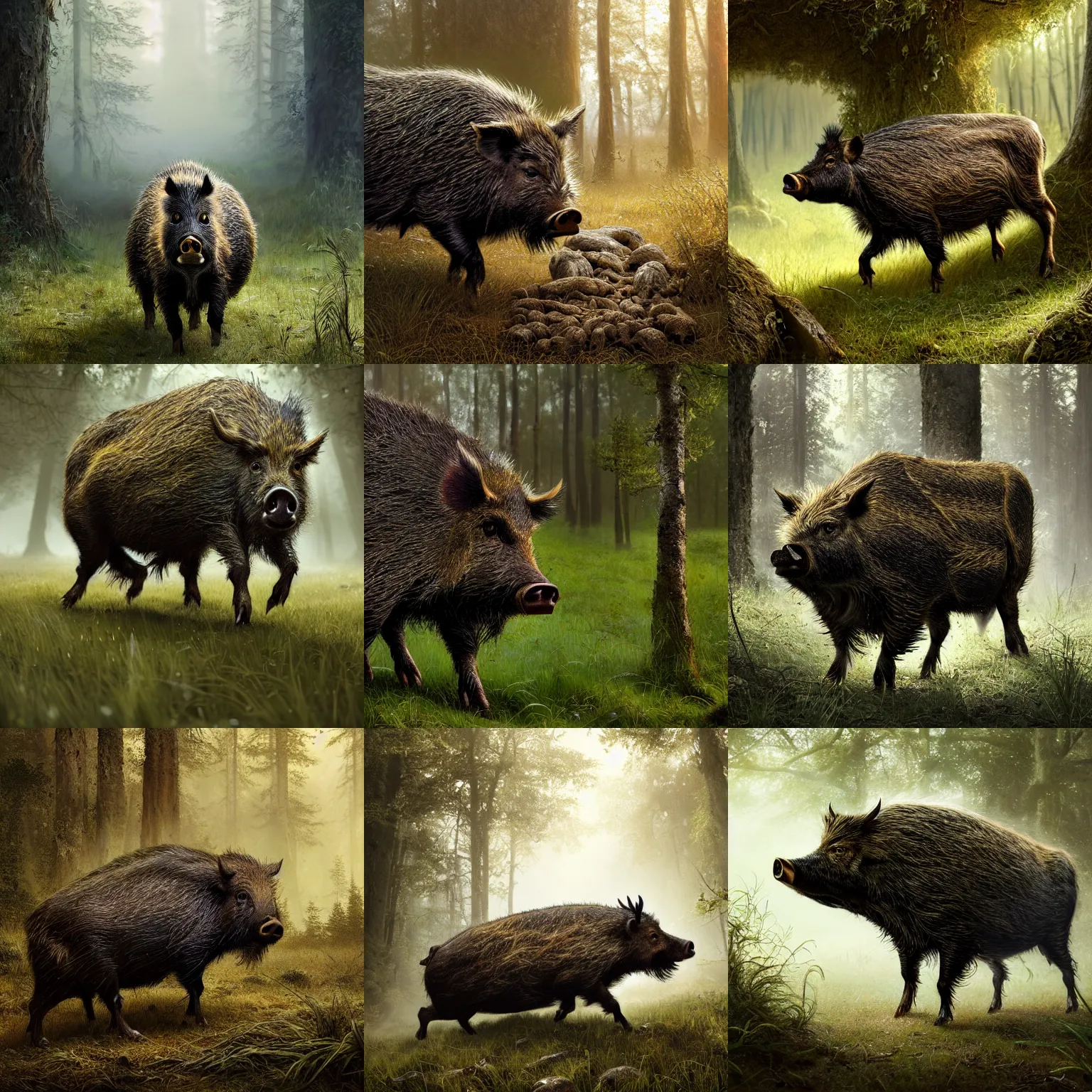 Prompt: a stunning sticky glue wild boar ranging in the forest, anatomy, moving vector, natural weight, hair fluid, 4 legs, running through a meadow by greg rutkowski, high key lighting, volumetric light, digital art, highly detailed, fine detail, intricate, ornate, complex, octane render, unreal engine, photorealistic