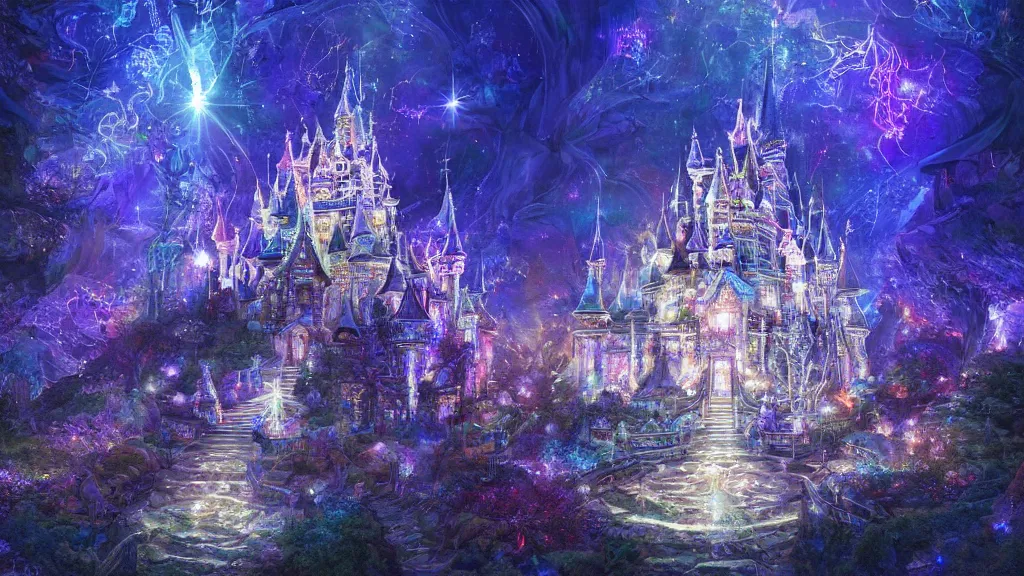 Image similar to a detailed magical crystal castle made of light inspired by yoshitaka amano enveloped in trails of colorful lights around it. clean painting, realistic and auora lighting. dark blue and intense purple color palette, art by kuvshinov ilya and gilbert williams, 8 k