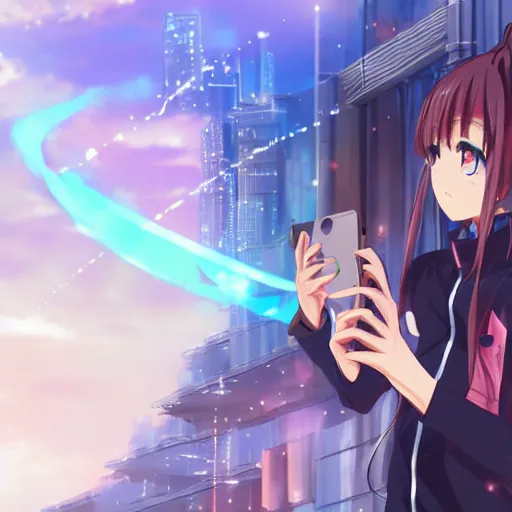 Image similar to anime girl taking a selfie in a futuristic city, extremely detailed, anime,