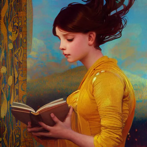 Image similar to a girl reading book, hair flowing down | hyperrealistic | action pose | digital painting | trending on artstation | pinup portrait | clean | illustration | dressed | Unreal Engine 5 | 8k resolution | by Greg Rutkowski Alphonse Mucha Gustav Klimt and Mel Ramos