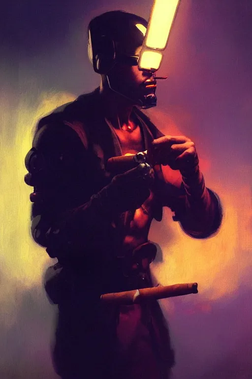 Image similar to An android lighting a single cigar in a cyberpunk setting, by Frank Frazetta, dramatic lighting, high contrast colours, as trending on Artstation, highly detailed,