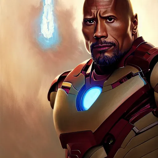 Image similar to Dwayne Johnson wearing an Iron Man suit, western, D&D, fantasy, intricate, elegant, highly detailed, digital painting, artstation, concept art, matte, sharp focus, illustration, art by Artgerm and Greg Rutkowski and Alphonse Mucha