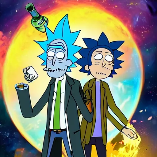 Image similar to rick sanchez and morty smith from rick and morty brewing a potion in space, amazing digital art, highly detailed