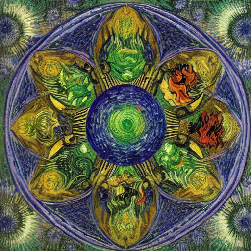 Prompt: Divine Chaos Engine by Vincent Van Gogh and Ernst Haeckel, symbolist, visionary