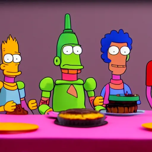 Prompt: fry, bender and leela from futurama eating cake, claymation, cinematic, 8 k