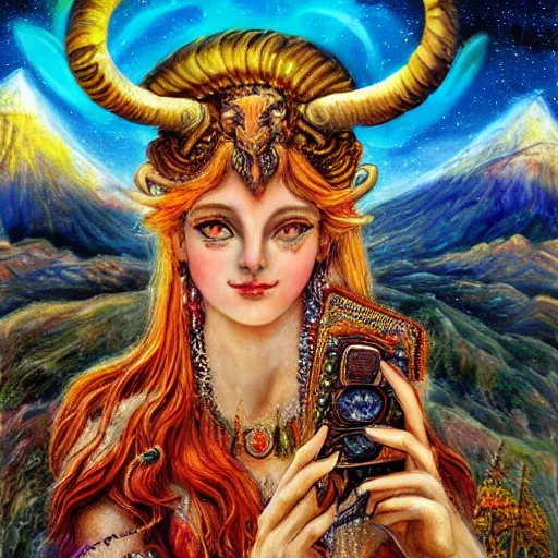 Image similar to horned ram goddess aries by josephine wall, trending on artstation, checking her phone, erupting volcano in distance, flowers in foreground, sunset, stars in sky, fantasy, zodiac, 8 k