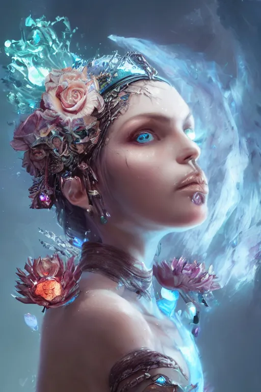Prompt: face closeup of beautiful girl necromancer, witch - doctor covered with crystals exploding into ice, 3 d render, hyper realistic detailed portrait, holding magic flowers, ruan jia, wlop. scifi, fantasy, hyper detailed, octane render, concept art, peter mohrbacher