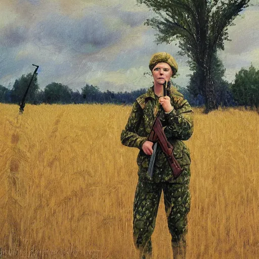 Image similar to Blond female Ukrainian soldier, in camouflage uniform with rifle, looking across a wheat field to a line of trees, oil painting