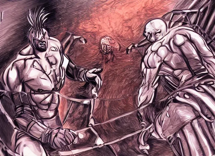 Image similar to a beautiful illustration of my friend joe rogan vs voldo in a steel cage match, digital art,