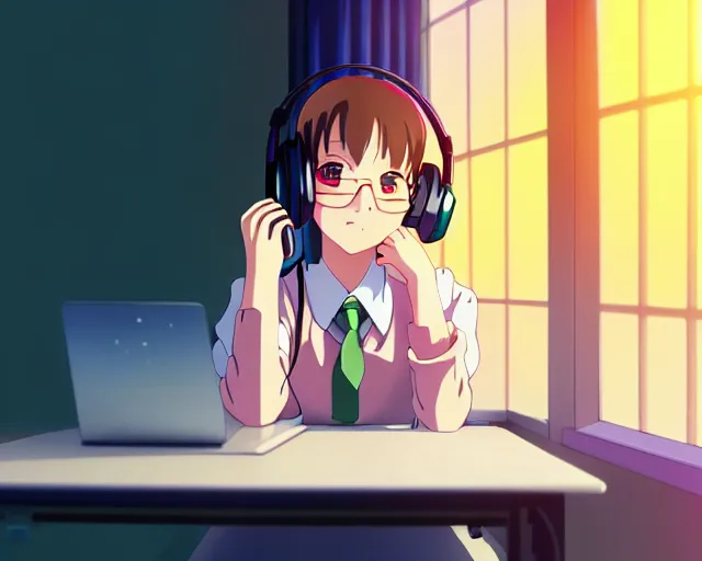 Prompt: anime fine details portrait of joyful school girl in headphones studying near monitor in her room at the table, evening, lamp, lo-fi, open window, dark city landscape on the background deep bokeh, profile close-up view, anime masterpiece by Studio Ghibli. 8k, sharp high quality anime