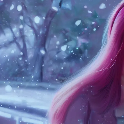 Image similar to teen girl, pink hair, gorgeous, amazing, elegant, intricate, highly detailed, snowy background, digital painting, artstation, concept art, sharp focus, illustration, art by Ross tran