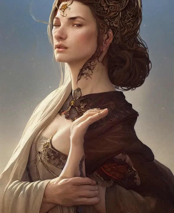 Image similar to portrait of a medieval woman, half body, d & d, fantasy, intricate, elegant, highly detailed, digital painting, artstation, concept art, art by artgerm and greg rutkowski and alphonse mucha, boris vallejo