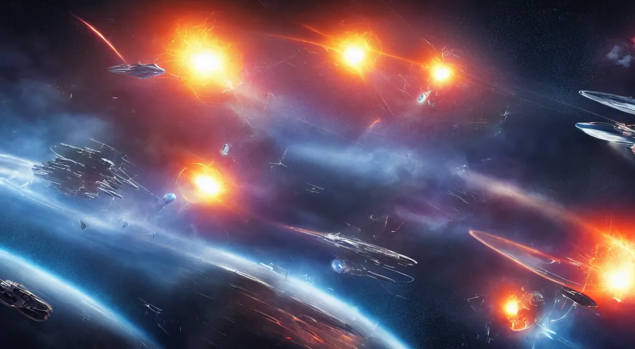 Prompt: View from space of two planet-sized space ships battling in space, epic space battle , explosions , lazers , sci fi , concept art ,matte painting 4K Cinematic , battlestar galactica , Award winning, ultra high resolution, intricate details, UHD 8K