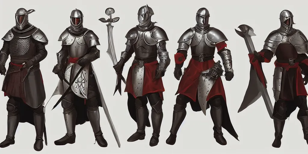 Image similar to different views of medieval knights, concept art by senior character artist, trending on artstation, full body characters designs