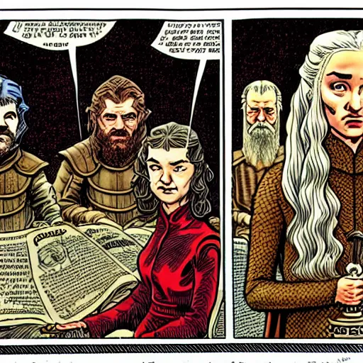 Prompt: game of thrones, color comic by r crumb, hyperrealism