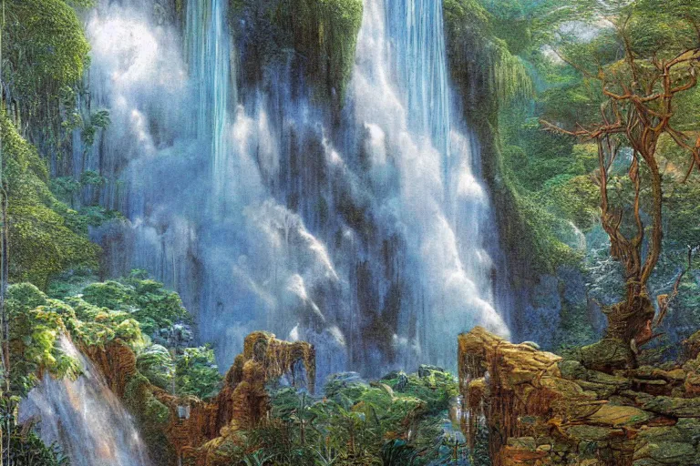 Image similar to hyperdetailed painting of a giant waterfall in the garden of eden, epic, rendered in octane, painted by alan lee, moebius, giovanni ghisolfi and jan baptist