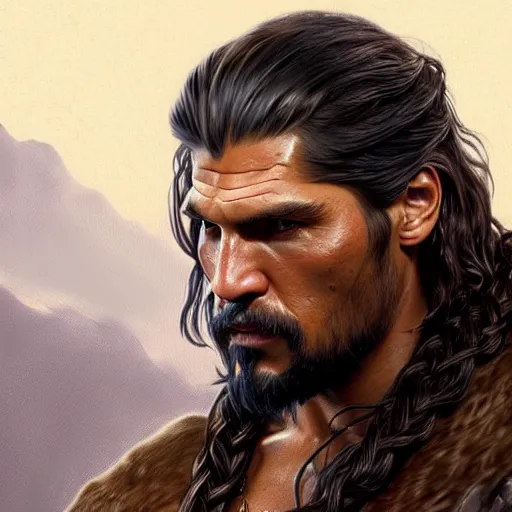 Prompt: Fierce Nikolai Coster-Waldau as Khal Drogo, western, closeup, D&D, fantasy, intricate, elegant, highly detailed, digital painting, artstation, concept art, matte, sharp focus, illustration, art by Artgerm and Greg Rutkowski and Alphonse Mucha