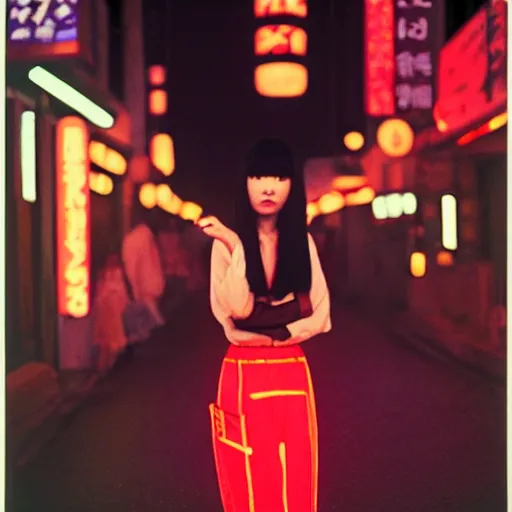 Image similar to a Japanese woman with bangs on a street at night, 1966, 35mm photography, red neon lights