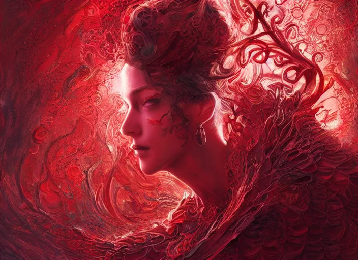 Image similar to woman in love sit upon a scarlet coloured beast, pain, light effect, hyper detailed, intricate, elegant, highly detailed, digital painting, artstation, concept art, matte, sharp focus, illustration, by james jean, andrei riabovitchev, marc simonetti, yoshitaka amano