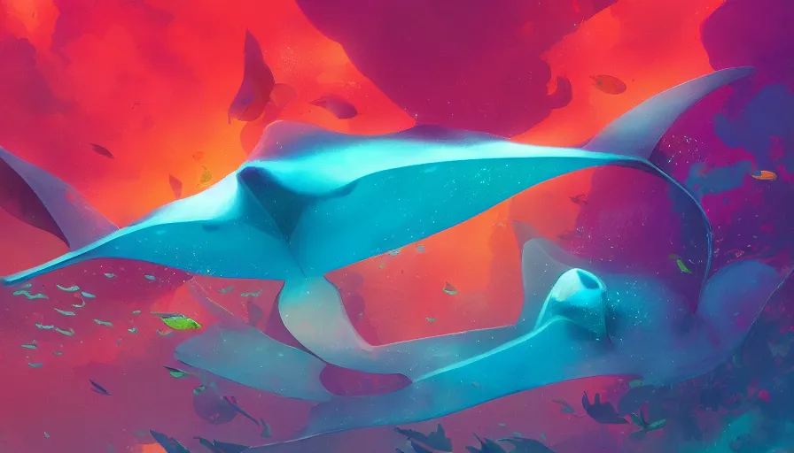 Image similar to a single manta ray swims above a colorful coral reef filled with fish, volumetric light, realism, in the style of alena aenami and andreas rocha and anato finnstark and charlie bowater