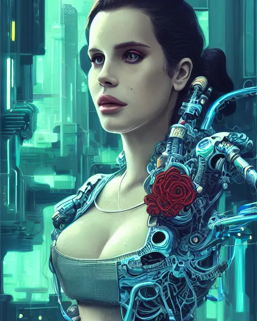 Image similar to portrait of lana del rey as a cyberpunk cyborg. roses, sci - fi, intricate abstract upper body intricate artwork, by tooth wu, wlop, beeple, dan mumford. concept art, octane render, deviantart, greg rutkowski, cinematic arthouse, key art, hyper realism, iridescent accents